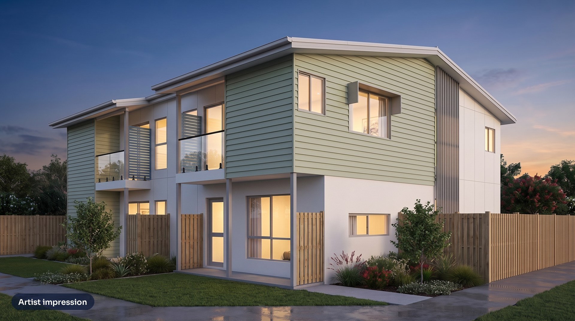 Artist impression of the Nandala Drive rooming houses in Tanah Merah, Logan, at dusk